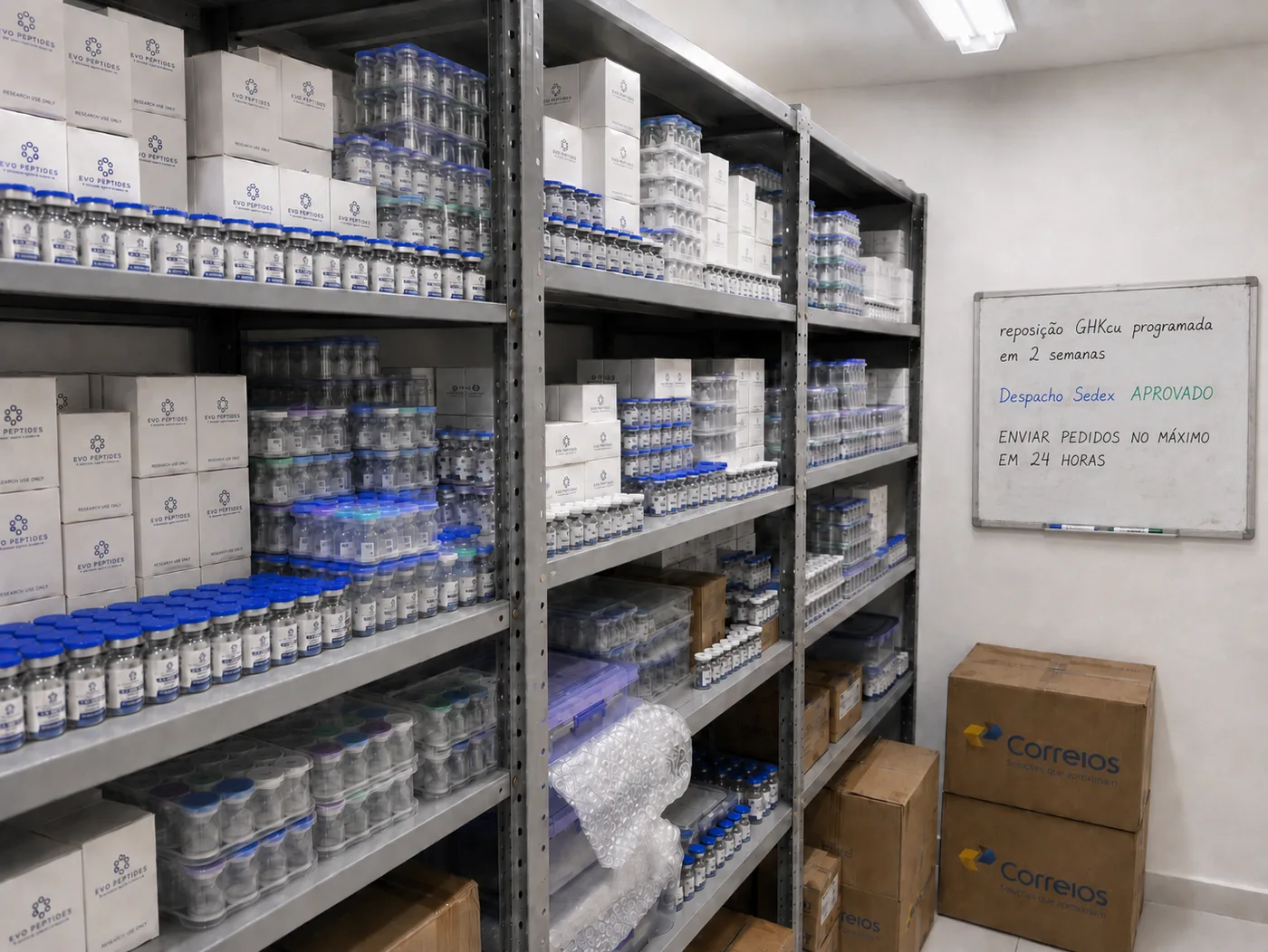 Estoque Evo Peptides no Brasil — prateleiras cheias de GHK-Cu e pedidos prontos pra despacho em 24h pelo Mercado Livre